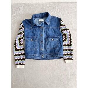 By Anthropologie Crochet Sleeve Denim Jacket Size Small Trucker 70's Boho Funky